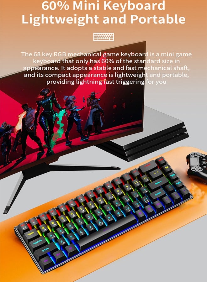 فلاشهوك كيبورد ميكانيكي عربي للألعاب والإنجليزي، 68 مفتاح، إضاءة RGB، سويتشات زرقاء، تصميم صغير ومحمول، مضاد للضغط الشبح، مثالي للعب والكتابة - Image 3