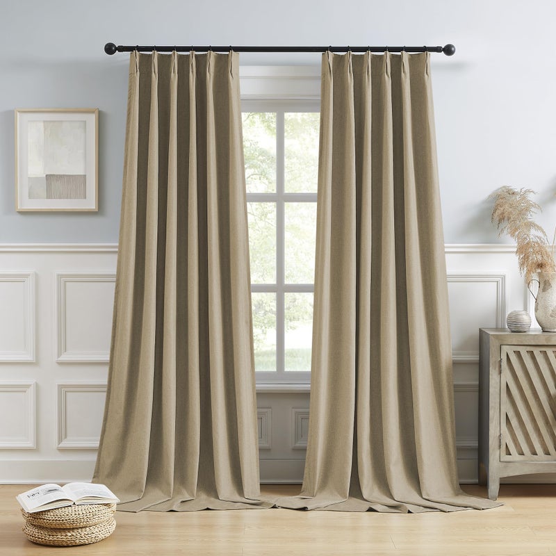 DUALIFE Taupe Blackout Pinch Pleated Curtains for Bedroom 108 Inch Length  Linen Blended Farmhouse 100% Blackout Thermal Insulated Back Tab Drapes with Hooks for Track System 2 Panels W40xL108 - Image 1