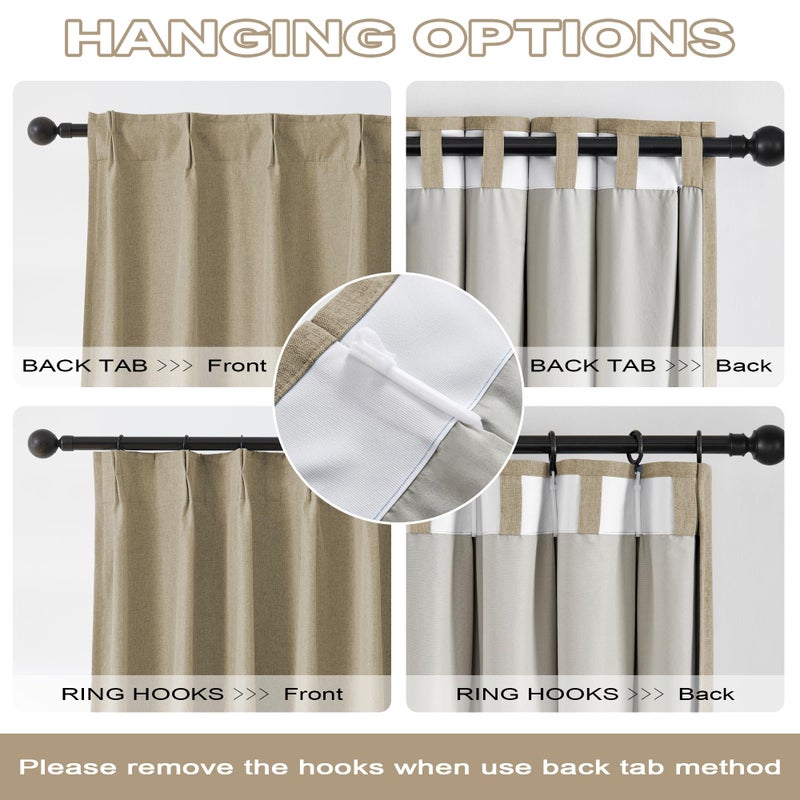 DUALIFE Taupe Blackout Pinch Pleated Curtains for Bedroom 108 Inch Length  Linen Blended Farmhouse 100% Blackout Thermal Insulated Back Tab Drapes with Hooks for Track System 2 Panels W40xL108 - Image 3