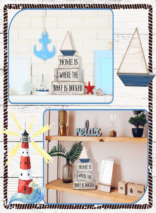 Conelist 4 Pcs Wooden Farmhouse Tabletop Decor Housewarming Tiered Tray Decor Home Centerpiece Rustic Decorative Sailboats Block Sign for Housewarming Party Table Kitchen Shelf Desk Decoration - Image 3