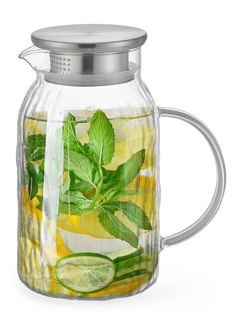 Fissman Fissman Embossed Glass Pitcher 1500mL with Stainless Steel Silicone Sealed Lid, Heat-Resistant Borosilicate Glass Jug, Hot/Cold and Fruit Juices Jug Iced Tea Beverage Carafe, Dishwasher Safe 