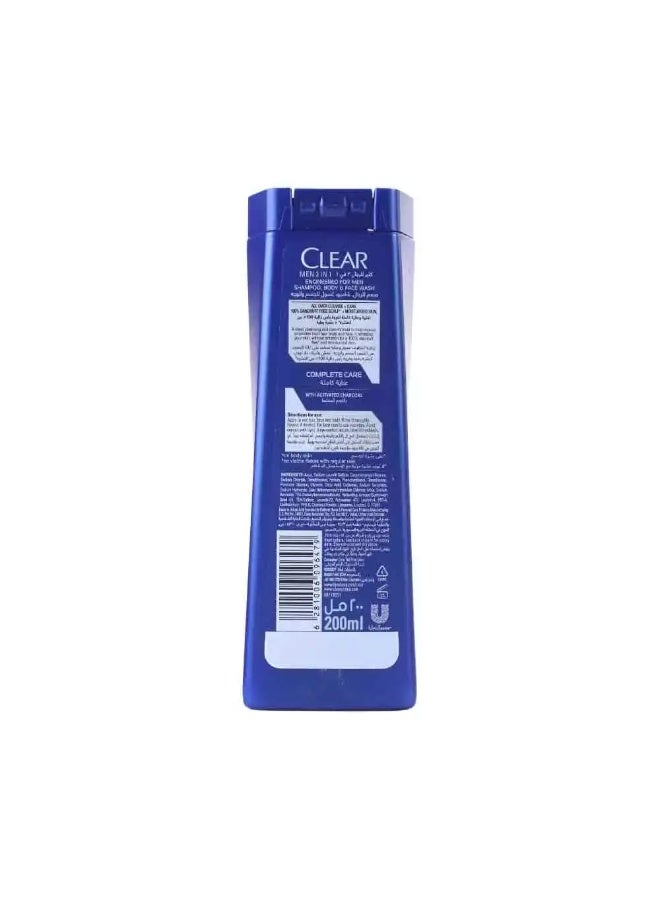 Clear Men Complete Care 3In1 Shampoo For Hair, Face & Body With Activated Charcoal, For 100% Dandruff Free Hair And Moisturized Skin, 200 ml - Image 2