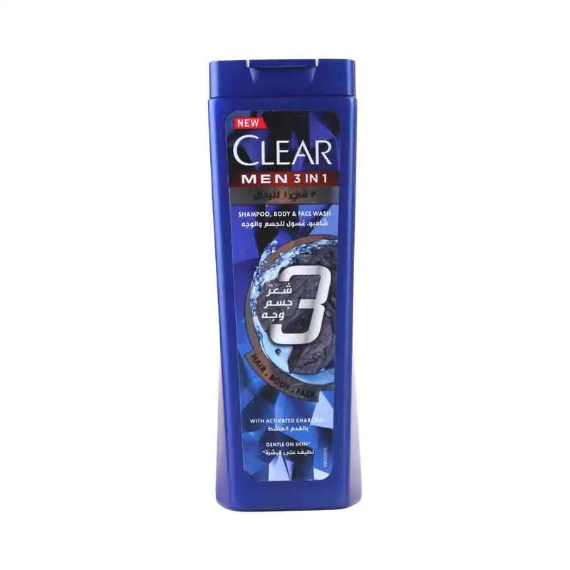 CLEAR شامبو كلير للرجال للعناية الكاملة 3 في 1 للشعر والوجه والجسم مع الفحم النشط، لشعر خالي من القشرة 100% وبشرة مرطبة، 200 مل - Image 1