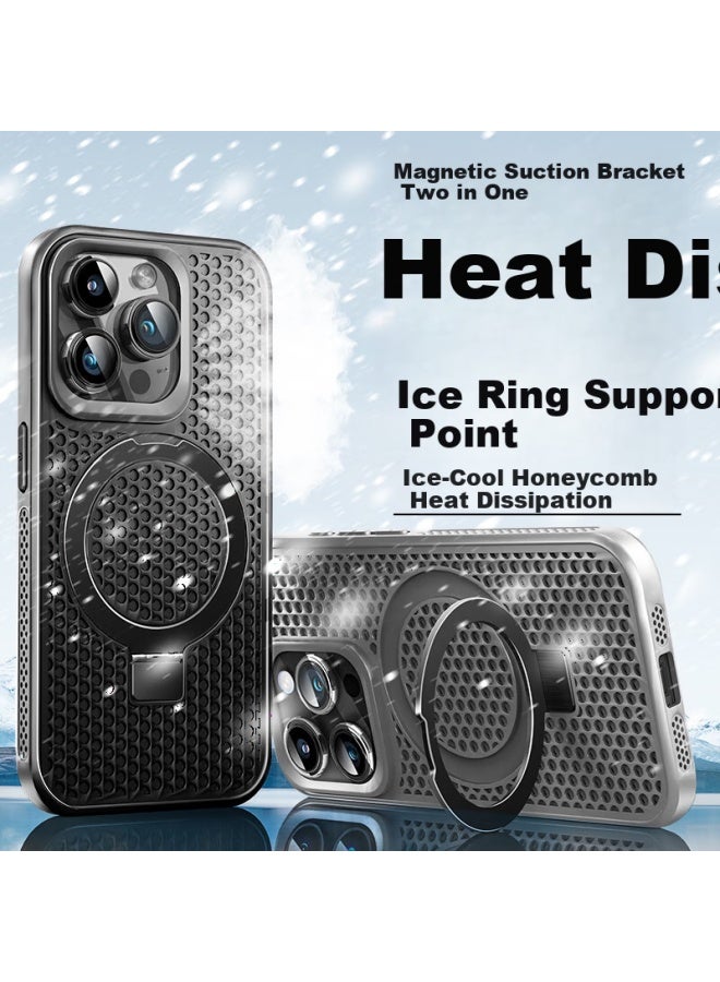 Hotfire Apple 13 Phone Case Iphone 13 Magsafe Magnetic Adsorption Case Ice Ring Stand Protective Cover Frosted Summer Honeycomb Heat Dissipation Breathable - Black - Image 1