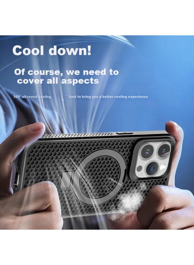 Hotfire Apple 13 Phone Case Iphone 13 Magsafe Magnetic Adsorption Case Ice Ring Stand Protective Cover Frosted Summer Honeycomb Heat Dissipation Breathable - Black - Image 3