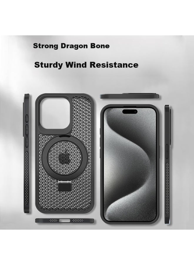 Hotfire Apple 13 Phone Case Iphone 13 Magsafe Magnetic Adsorption Case Ice Ring Stand Protective Cover Frosted Summer Honeycomb Heat Dissipation Breathable - Black - Image 2