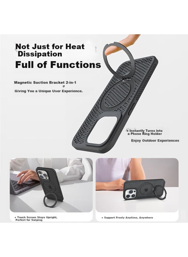 Hotfire Apple 13 Phone Case Iphone 13 Magsafe Magnetic Adsorption Case Ice Ring Stand Protective Cover Frosted Summer Honeycomb Heat Dissipation Breathable - Black - Image 4