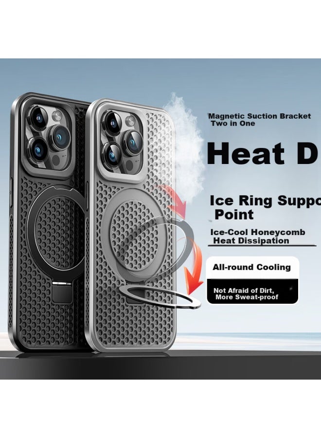 Hotfire Apple 13 Phone Case Iphone 13 Magsafe Magnetic Adsorption Case Ice Ring Stand Protective Cover Frosted Summer Honeycomb Heat Dissipation Breathable - Black - Image 5
