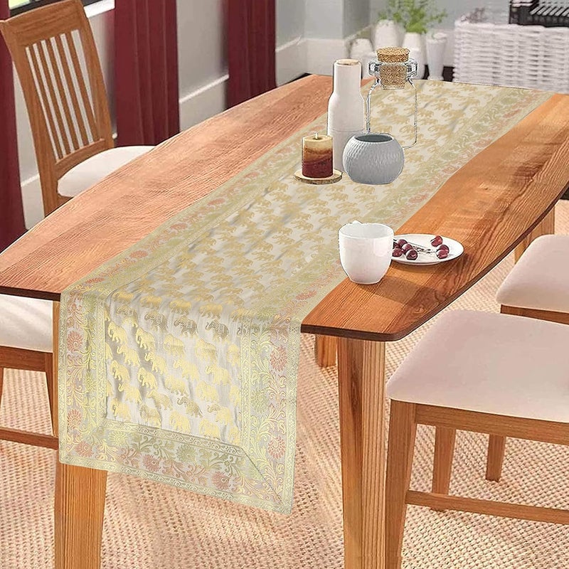 E - Ezra EEZRA Decorative Dining Table Runner Silk Runners Banarasi Brocade Jacquard Silk Tablecloth Decorative Elephant 6 Seater Runner Long Size 16x60 Inch Grey - Image 1