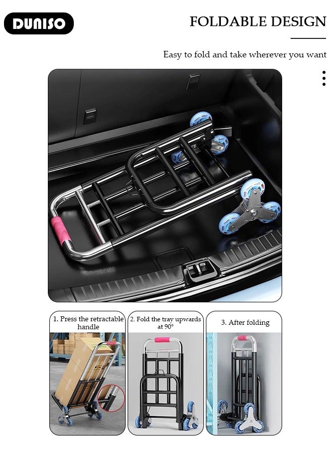 DUNISO Folding Hand Truck, Luggage Cart with Extendable Handle, Utility Dolly Platform Cart with 2 Stair Climbing Wheels and 3 Elastic Ropes, Portable Stair Climbing Trolley for Luggage, Travel, Moving, Shopping, Office Use - Image 2