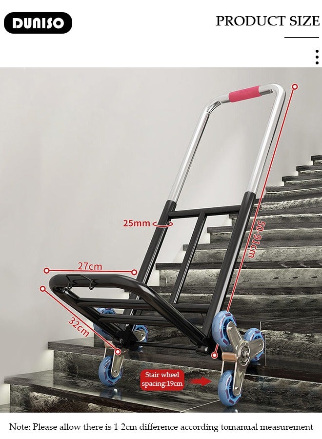 DUNISO Folding Hand Truck, Luggage Cart with Extendable Handle, Utility Dolly Platform Cart with 2 Stair Climbing Wheels and 3 Elastic Ropes, Portable Stair Climbing Trolley for Luggage, Travel, Moving, Shopping, Office Use - Image 4