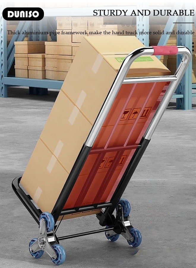 DUNISO Folding Hand Truck, Luggage Cart with Extendable Handle, Utility Dolly Platform Cart with 2 Stair Climbing Wheels and 3 Elastic Ropes, Portable Stair Climbing Trolley for Luggage, Travel, Moving, Shopping, Office Use - Image 5