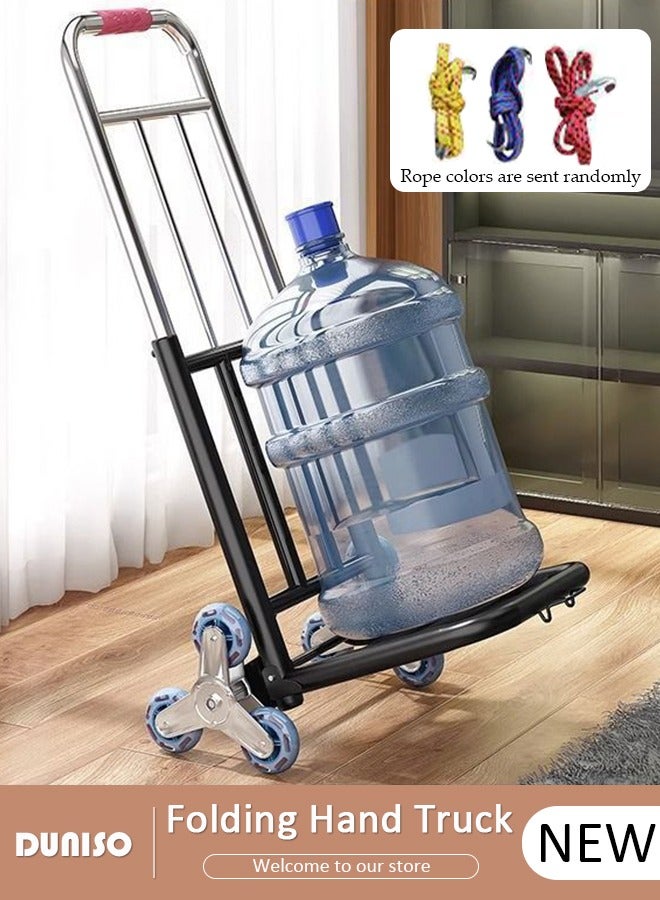 DUNISO Folding Hand Truck, Luggage Cart with Extendable Handle, Utility Dolly Platform Cart with 2 Stair Climbing Wheels and 3 Elastic Ropes, Portable Stair Climbing Trolley for Luggage, Travel, Moving, Shopping, Office Use - Image 1