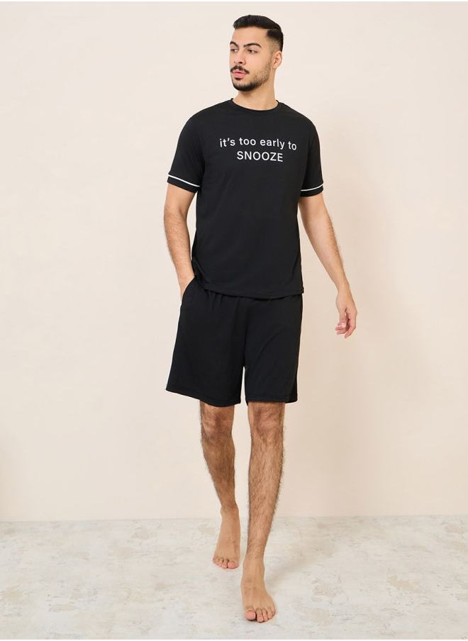 Styli Slogan Print SleepT-shirt and Short with Pocket Set  - Image 2