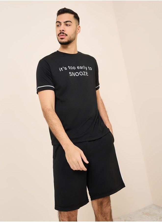 Styli Slogan Print SleepT-shirt and Short with Pocket Set  - Image 1