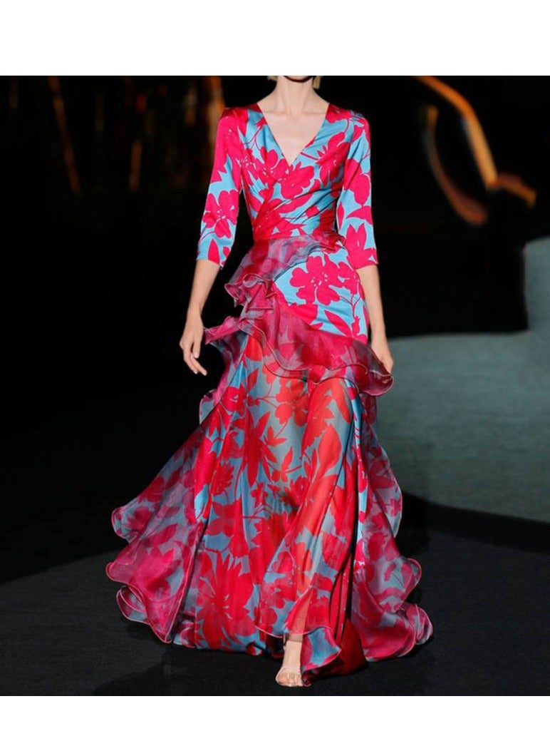 NIBEMINENT Fashion Elegant Red Floral Pattern Party Banquet Dress Women Boho Splicing Ruffle Maxi Dress Temperament Print Slim A-Line Dress  - Image 1