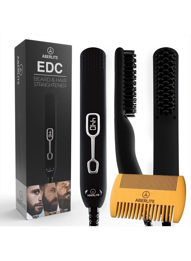 Aberlite EDC - Premium Beard Straightener Brush for Men - Professional Straightening Tool Heated Comb - Beard Kits for Men - Beard Kits Gift Sets Men - Beard Grooming Kit for Men Gift Set (Black) - Image 1
