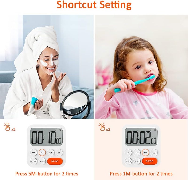 LIORQUE Kitchen Timer, Kitchen Timer, Digital Timer Stopwatch and Countdown Timer with Custom Mode, 3 Volume Levels for Examination, Meeting, Noise-Free - 2 AAA Batteries - White - Image 5