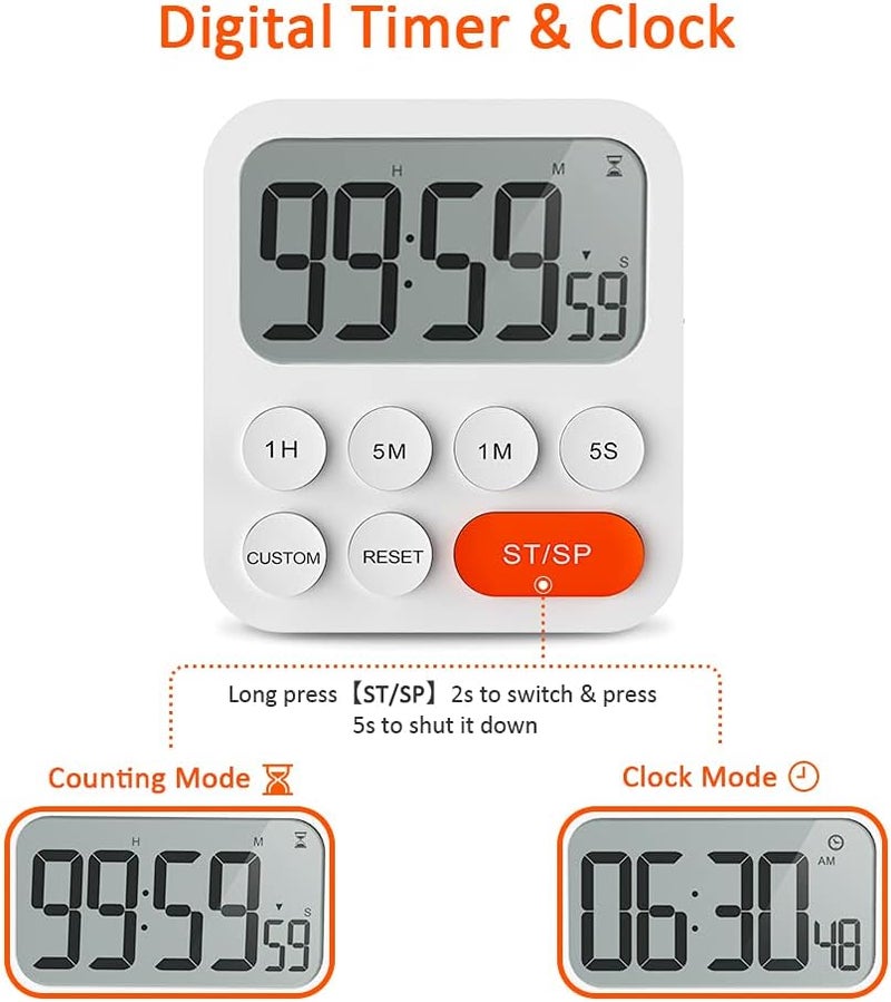 LIORQUE Kitchen Timer, Kitchen Timer, Digital Timer Stopwatch and Countdown Timer with Custom Mode, 3 Volume Levels for Examination, Meeting, Noise-Free - 2 AAA Batteries - White - Image 3