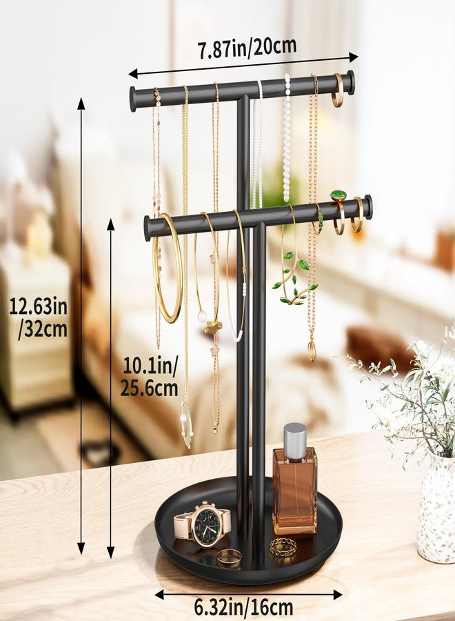 Jasopaco Necklace Rack Stand with Storage Tray - 2 Rods T-Shaped Jewelry Holder Stand for Bracelets, Earrings, Rings | Elegant Vanity & Dresser Top Storage for Women, Black. - Image 5