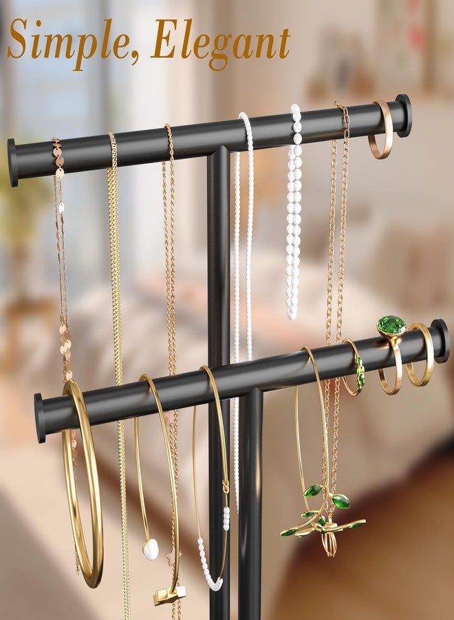 Jasopaco Necklace Rack Stand with Storage Tray - 2 Rods T-Shaped Jewelry Holder Stand for Bracelets, Earrings, Rings | Elegant Vanity & Dresser Top Storage for Women, Black. - Image 3