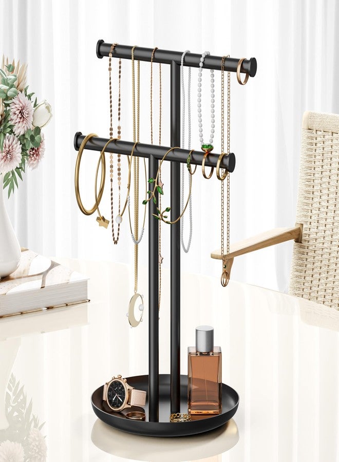 Jasopaco Necklace Rack Stand with Storage Tray - 2 Rods T-Shaped Jewelry Holder Stand for Bracelets, Earrings, Rings | Elegant Vanity & Dresser Top Storage for Women, Black. - Image 4