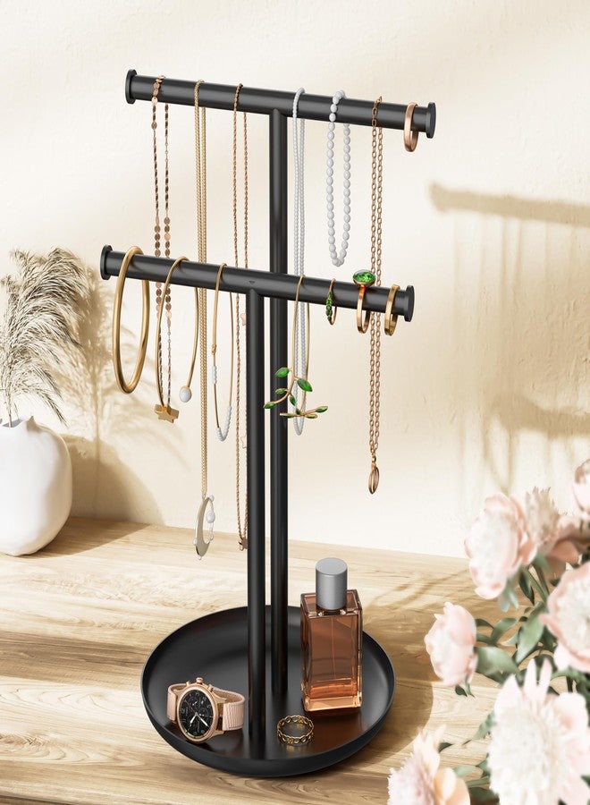 Jasopaco Necklace Rack Stand with Storage Tray - 2 Rods T-Shaped Jewelry Holder Stand for Bracelets, Earrings, Rings | Elegant Vanity & Dresser Top Storage for Women, Black. - Image 1