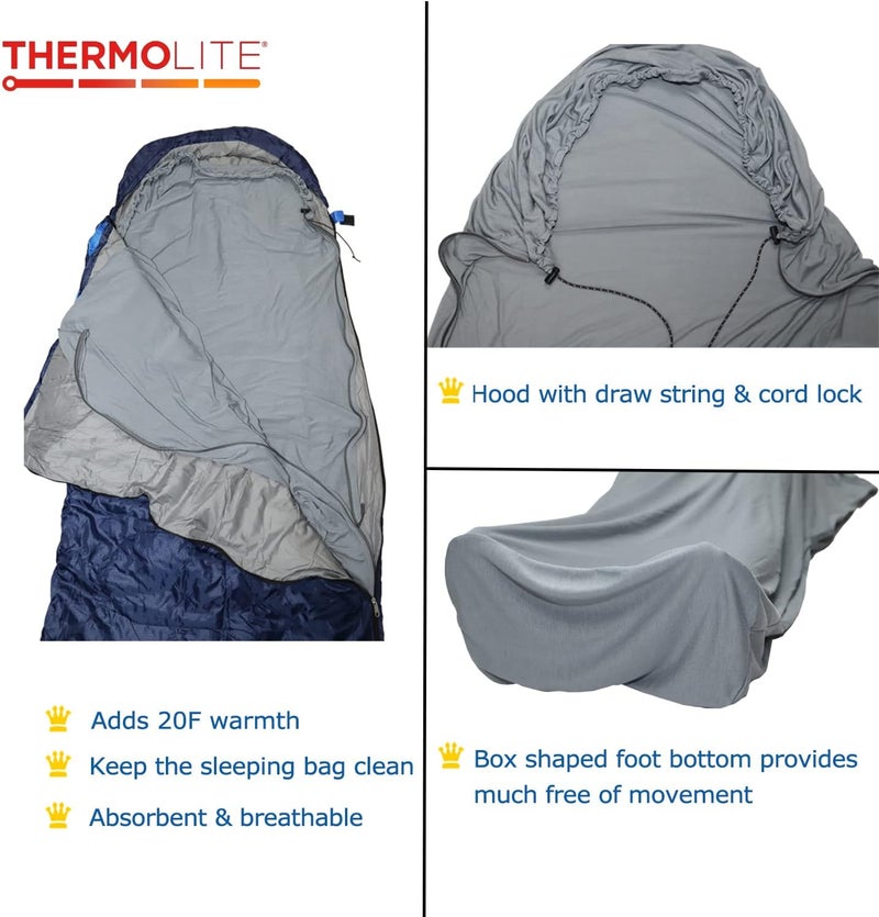 BROWINT Thermolite Sleeping Bag Liner with Zippers for Cold Weather, Lightweight Mummy with Hood & Rectangular Sleep Sack for Adult, Adds Warmth, Thermal Travel Liner, All Season - Image 3