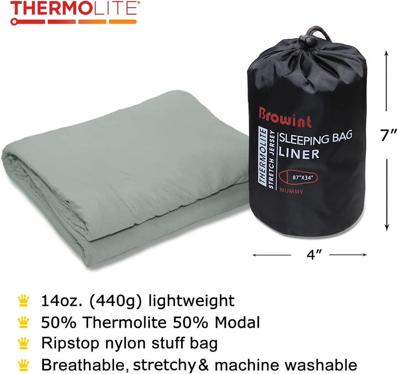 BROWINT Thermolite Sleeping Bag Liner with Zippers for Cold Weather, Lightweight Mummy with Hood & Rectangular Sleep Sack for Adult, Adds Warmth, Thermal Travel Liner, All Season - Image 5
