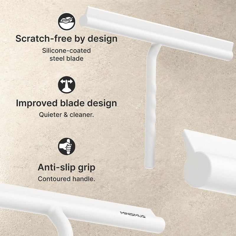 Minismus Shower Squeegee, Squeegee for Shower, Bathroom, Tiles, Mirrors, Windows, Includes Magnetic Holder, No Drilling, Self-Adhesive, Bathroom Accessories, Modern Design in Elegant (White, 33 cm) - Image 4