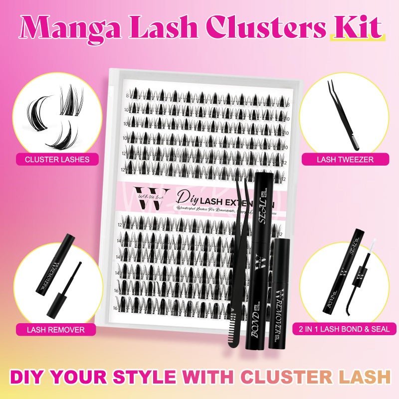 WLFRHD Manga Lash Clusters Kit DIY 144Pcs Fairy Eyelash Clusters Natural Lashes Kit with Anime Lash Clusters Bond and Seal, Remover and Tweezers for Invisible Band Eyelash Extensions Kit(D-Mix8-16mm) - Image 2