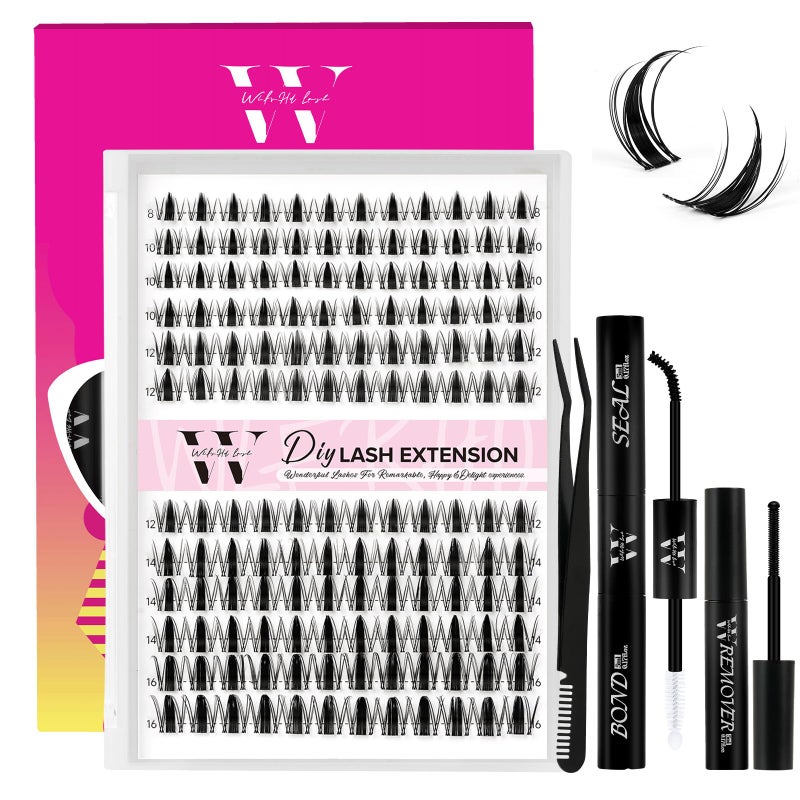 WLFRHD Manga Lash Clusters Kit DIY 144Pcs Fairy Eyelash Clusters Natural Lashes Kit with Anime Lash Clusters Bond and Seal, Remover and Tweezers for Invisible Band Eyelash Extensions Kit(D-Mix8-16mm) - Image 1