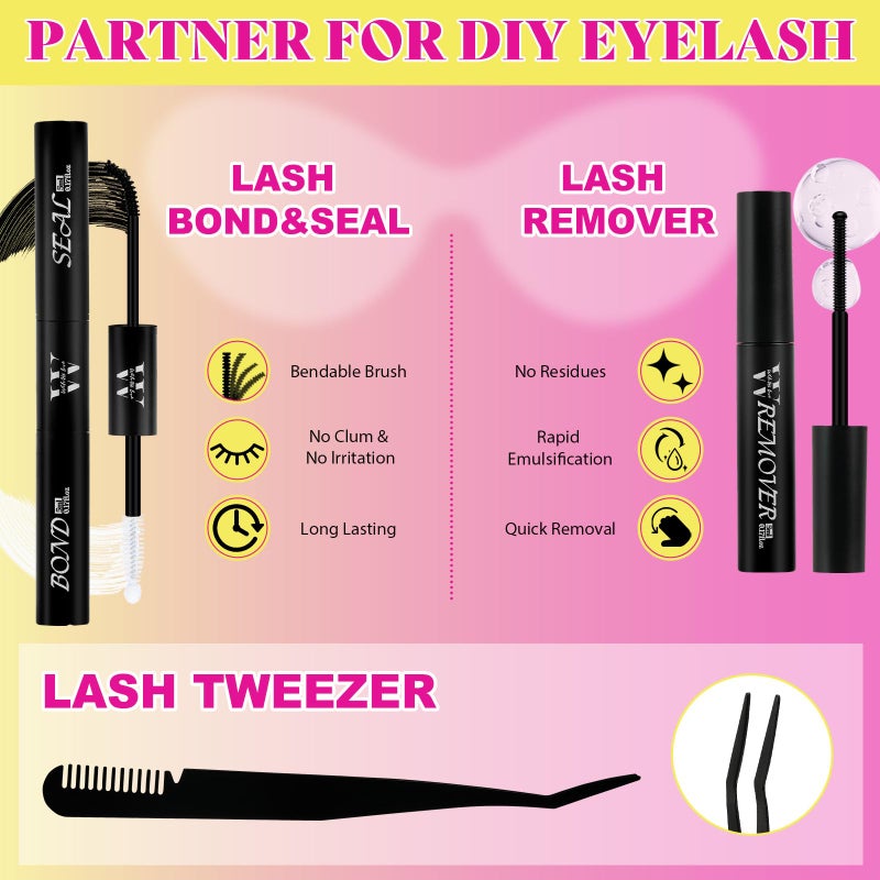 WLFRHD Manga Lash Clusters Kit DIY 144Pcs Fairy Eyelash Clusters Natural Lashes Kit with Anime Lash Clusters Bond and Seal, Remover and Tweezers for Invisible Band Eyelash Extensions Kit(D-Mix8-16mm) - Image 4