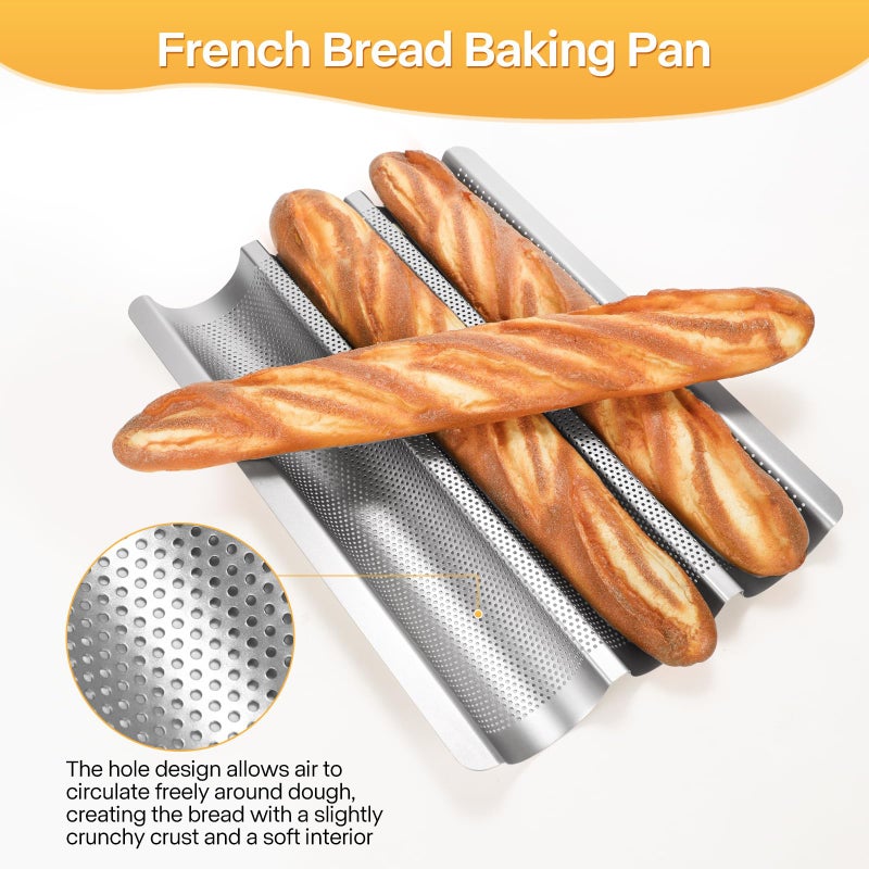 Barlket Baguette Pan, Baguette Bread Pan Perforated, Nonstick French Bread Baking Pan 3 Loaves with Proofing Cloth, Dough Cutter Kit for Home Baker, Baguette Tray 15x11 Inch Silver Bread Pan - Image 3