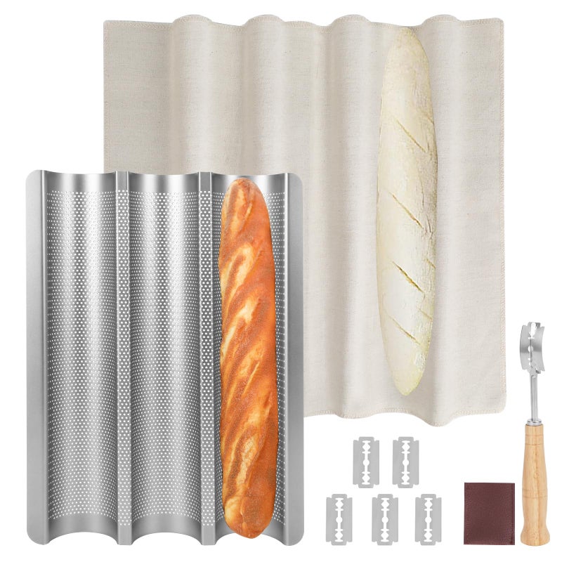 Barlket Baguette Pan, Baguette Bread Pan Perforated, Nonstick French Bread Baking Pan 3 Loaves with Proofing Cloth, Dough Cutter Kit for Home Baker, Baguette Tray 15x11 Inch Silver Bread Pan - Image 1