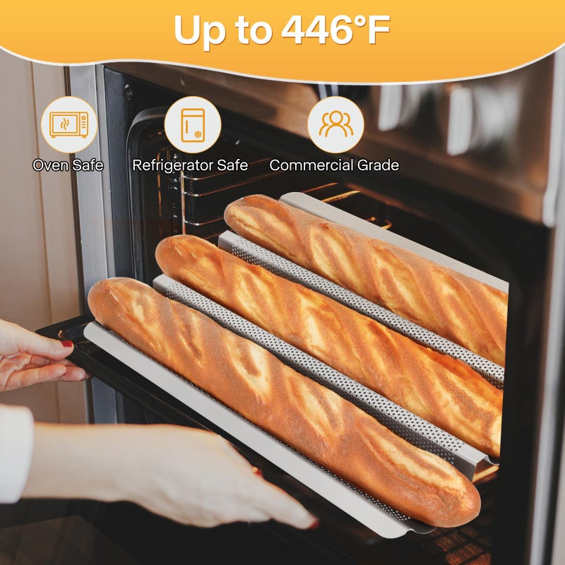 Barlket Baguette Pan, Baguette Bread Pan Perforated, Nonstick French Bread Baking Pan 3 Loaves with Proofing Cloth, Dough Cutter Kit for Home Baker, Baguette Tray 15x11 Inch Silver Bread Pan - Image 4