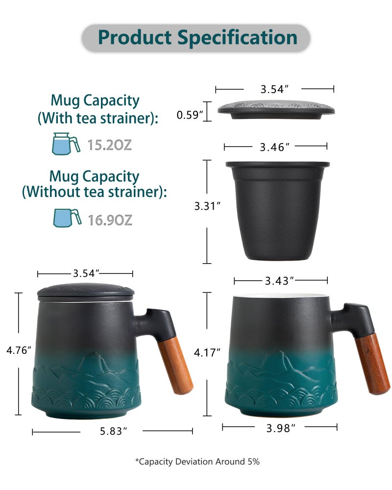 ZENS Tea Cup with Infuser and Lid for Loose Leaf Steeping, 16.9oz Embossed Ceramic Tea Infuser Mug, Wood Handle Tea Diffuser, Great Gift - Image 5