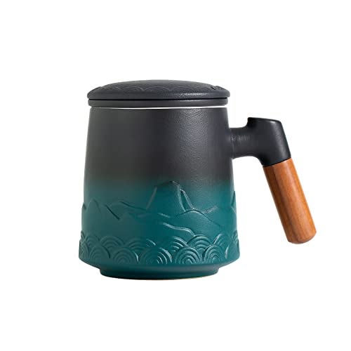 ZENS Tea Cup with Infuser and Lid for Loose Leaf Steeping, 16.9oz Embossed Ceramic Tea Infuser Mug, Wood Handle Tea Diffuser, Great Gift - Image 1