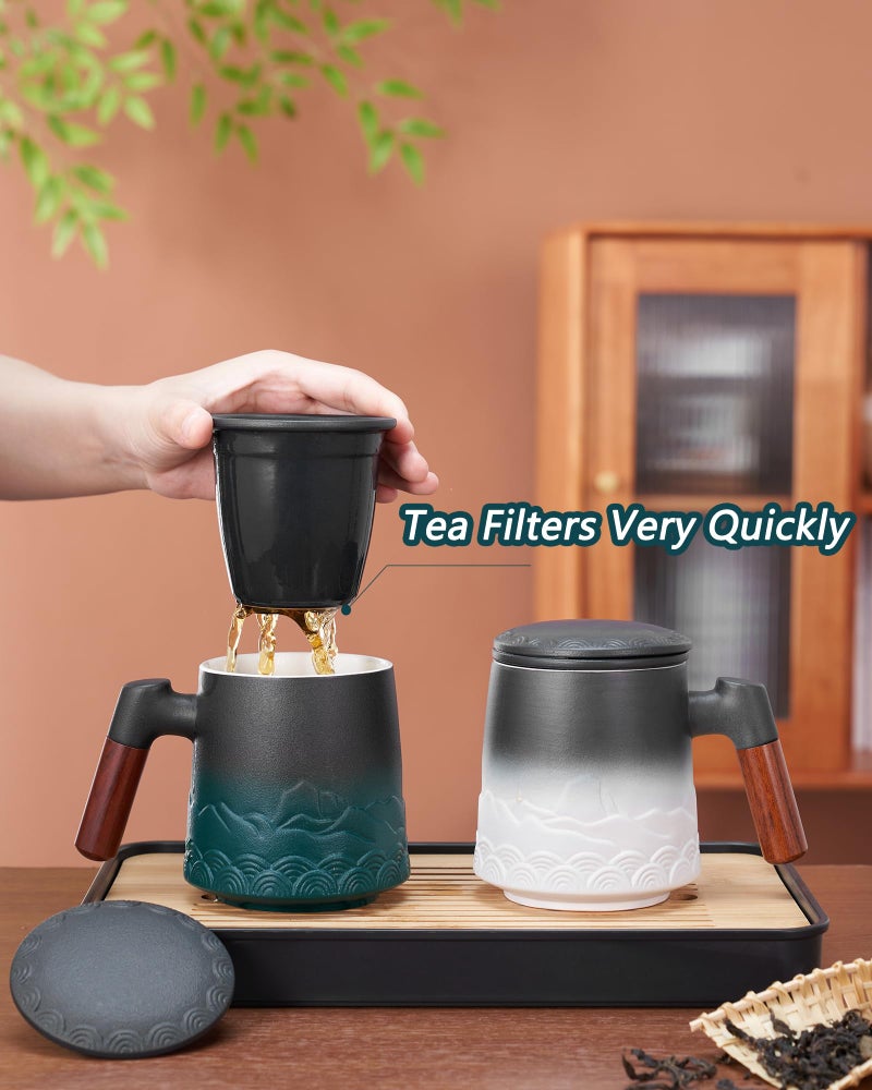 ZENS Tea Cup with Infuser and Lid for Loose Leaf Steeping, 16.9oz Embossed Ceramic Tea Infuser Mug, Wood Handle Tea Diffuser, Great Gift - Image 4