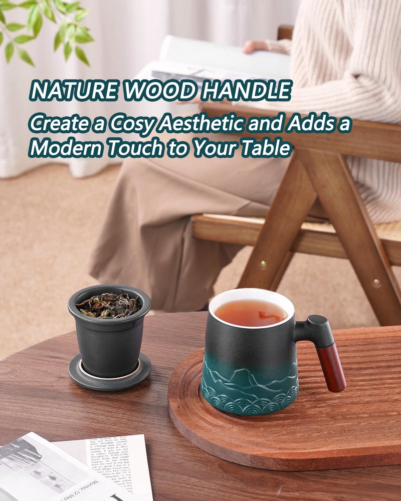 ZENS Tea Cup with Infuser and Lid for Loose Leaf Steeping, 16.9oz Embossed Ceramic Tea Infuser Mug, Wood Handle Tea Diffuser, Great Gift - Image 2