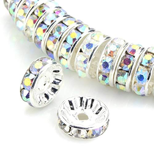RUBYCA 100pcs 10mm A+++ Round Rondelle Spacer Charm Beads Silver Tone AB White Czech Crystal - Image 1