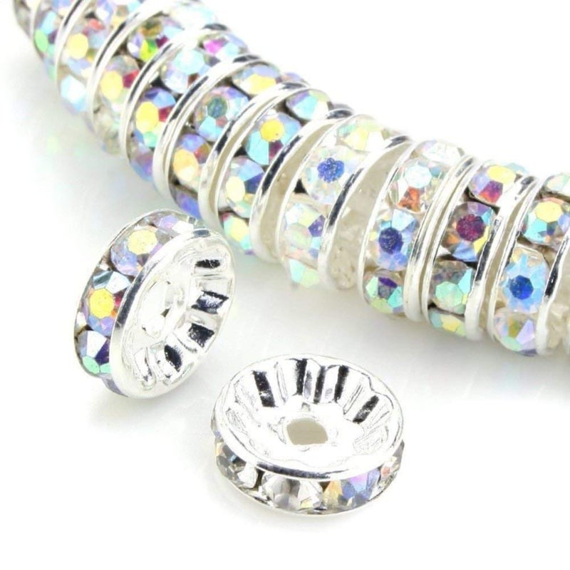 RUBYCA 100pcs 10mm A+++ Round Rondelle Spacer Charm Beads Silver Tone AB White Czech Crystal - Image 4
