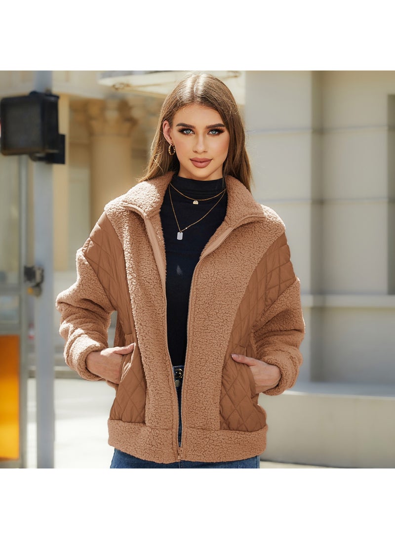 NIBEMINENT Fashion Women's Autumn and Winter New Long-sleeved Cardigan Zipper Plush Splicing Women's Coat  - Image 1
