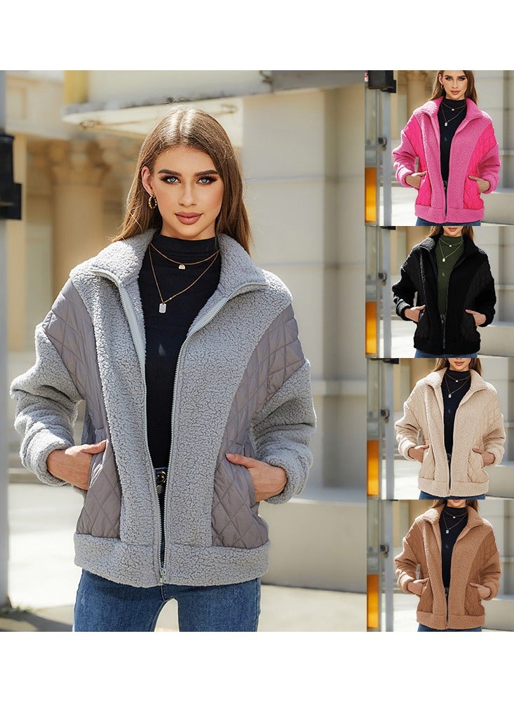 NIBEMINENT Fashion Women's Autumn and Winter New Long-sleeved Cardigan Zipper Plush Splicing Women's Coat  - Image 2