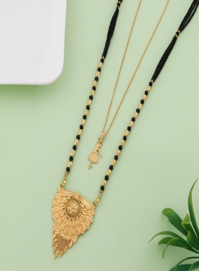 MALKYN Women's Ethnic Gold-Plated Peacock Motif Mangalsutra and Delicate Ballerina Pendant Layered Necklace Set, Traditional Black Beaded Wedding Jewelry for Women-MD-115 - Image 2