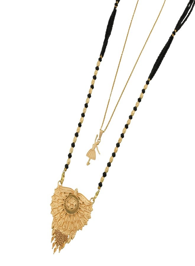 MALKYN Women's Ethnic Gold-Plated Peacock Motif Mangalsutra and Delicate Ballerina Pendant Layered Necklace Set, Traditional Black Beaded Wedding Jewelry for Women-MD-115 - Image 1