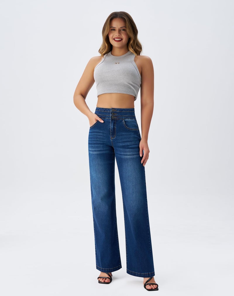 roswear Womenâ€™s Wide Leg Jeans Casual High Waisted Stretch Baggy Loose Denim Pants Blue Small - Image 3