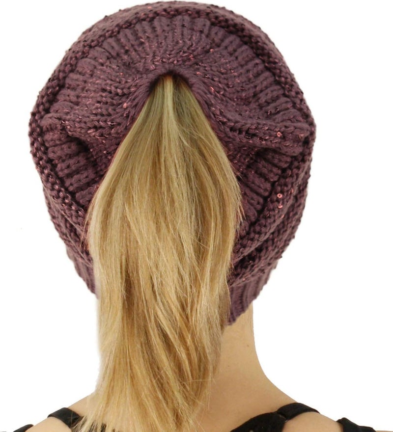 Cc Exclusives Soft Stretch Cable Knit Messy Bun Ponytail Beanie Winter Hat for Women (MB-20A) - Image 2