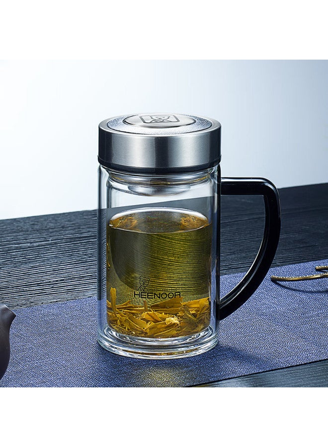 Heenoor Antibacterial Glass Cup With Double Layers And Handle For Brewing Tea, High-quality Home And Office Water Mug Xn-9321k 435ml