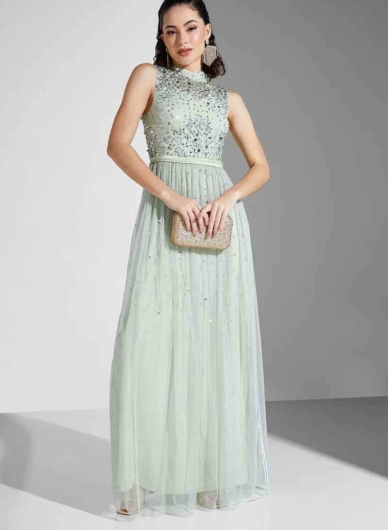 Amelia Rose High Neck Embellished Belted Tiered Dress